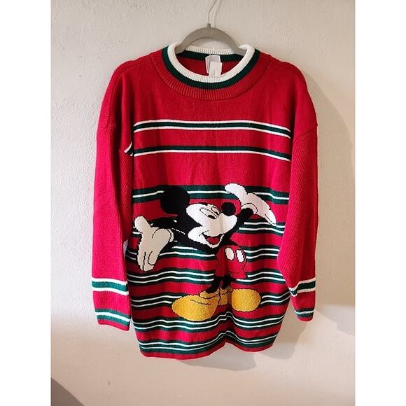 Vintage 90s Disney Christmas Mickey Mouse Knit Sweater Large Red Y2K Striped - Picture 1 of 5